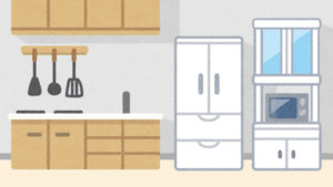 キッチンの限られたスペースに冷凍庫を置ける余裕がなく困っている様子のイラスト