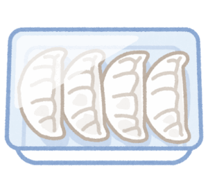 焼くだけですぐ食べられる冷凍餃子が手軽で便利だと伝わる冷凍パックのイラスト
