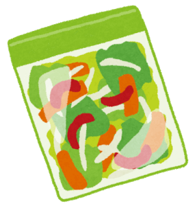 野菜を無駄にしないよう、あらかじめカットして冷凍保存している実用的な場面のイラスト